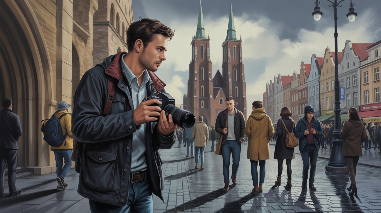 illustrierte Szene eines Detektivs mit Kamera in Breslau (Polen); Wirtschaftsdetektei Breslau (Polen), Privatdetektei Breslau (Polen), Detektivagentur Breslau (Polen), Wirtschaftsdetektiv Breslau (Polen)