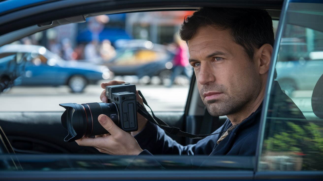 Detektiv mit Kamera im Auto; Wirtschaftsdetektei Moldawien, Privatdetektei Moldau, Detektivagentur Moldawien, Wirtschaftsdetektiv Moldau
