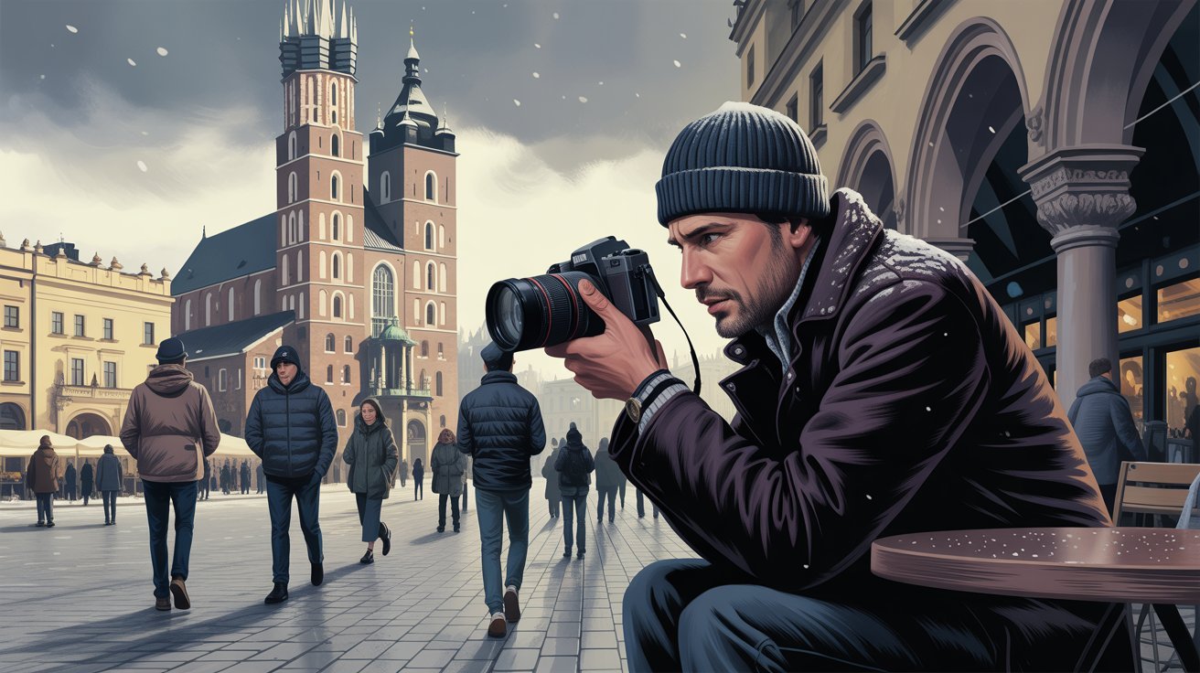 illustrierte Szene eines Detektivs mit Kamera vor Marienbasilika in Krakau (Polen); Wirtschaftsdetektei Krakau (Polen), Privatdetektei Krakau (Polen), Detektivagentur Krakau (Polen), Wirtschaftsdetektiv Krakau (Polen)