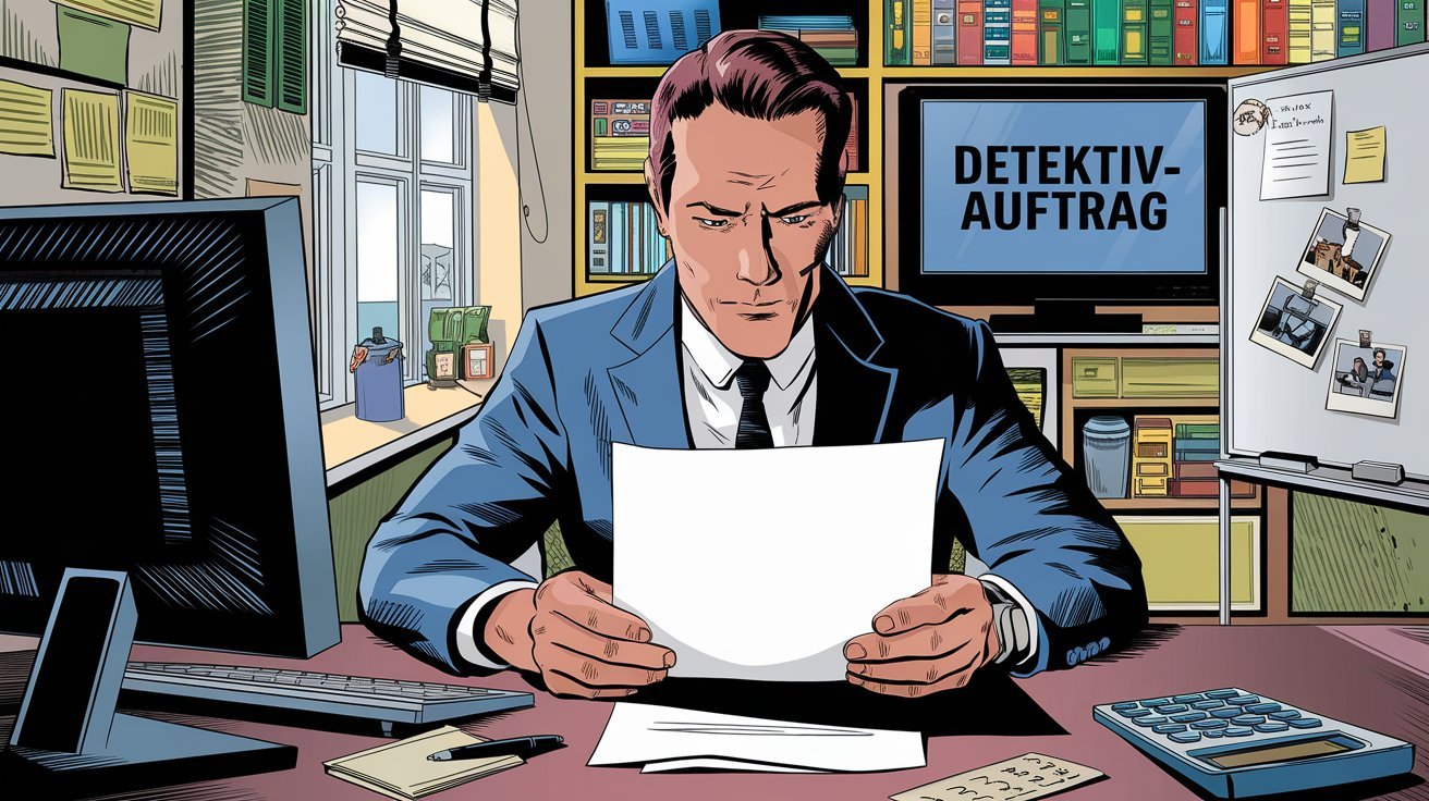 Comic-Stil-Detektiv studiert Auftragspapiere; Dresden Detektei, Dresden Detektiv, Dresden Privatdetektiv