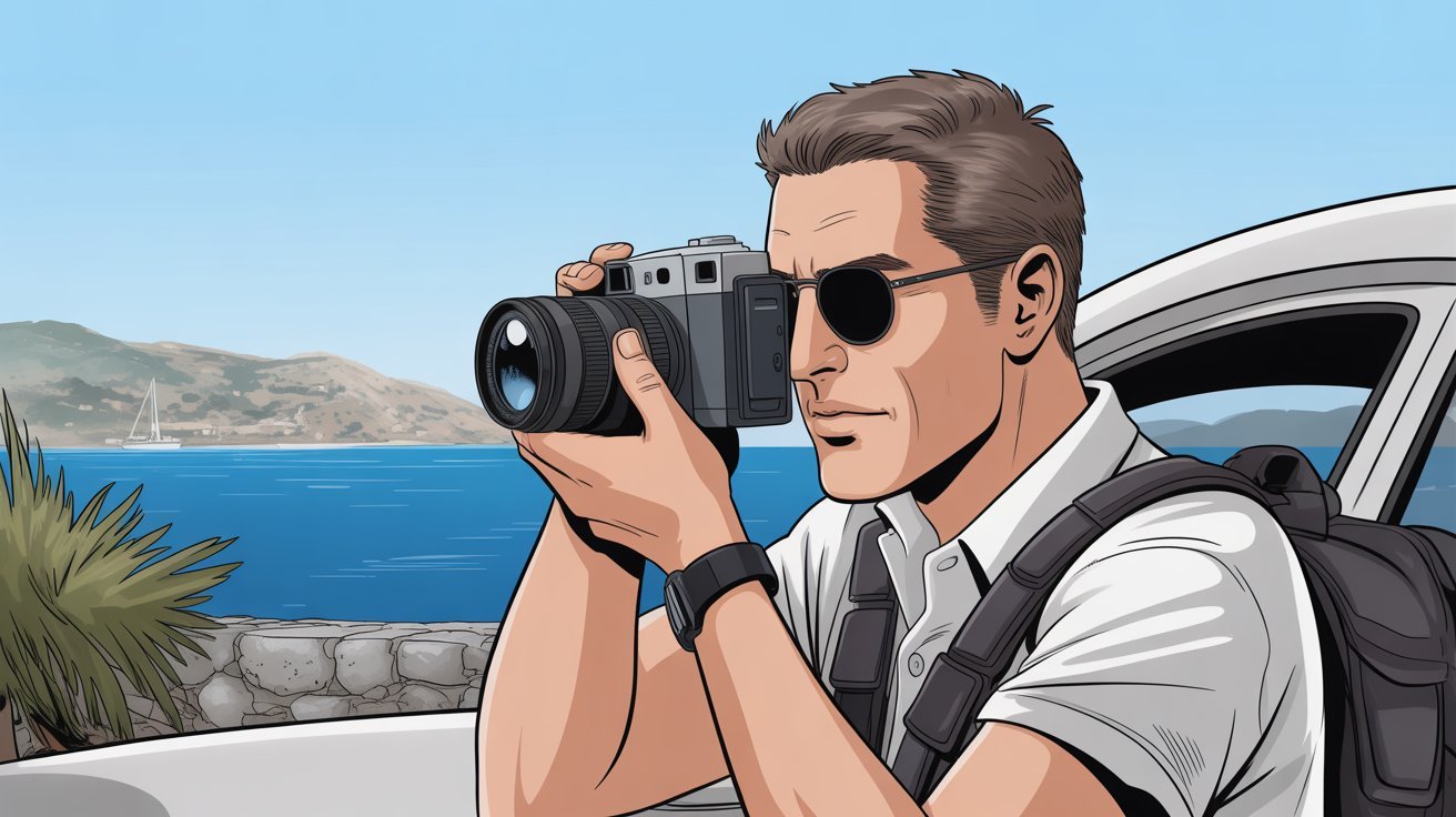 Comic-Detektiv mit Kamera am Auto in Meernähe; Wirtschaftsdetektei Kos, Griechenland, Privatdetektei Kos, Griechenland, Detektivagentur Kos, Griechenland