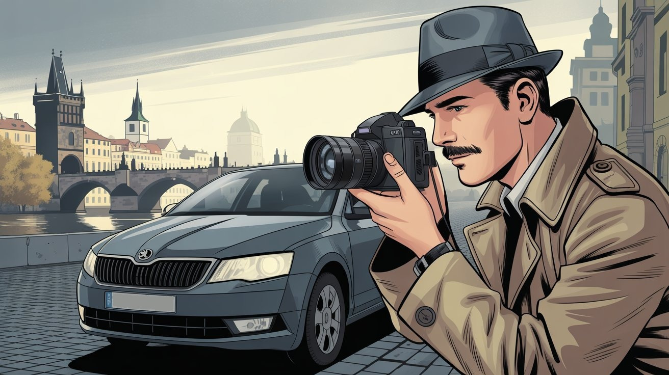 Comic-Detektiv mit Kamera am Auto mit der Prager Karlsbrücke im Hintergrund; Wirtschaftsdetektei Tschechien, Privatdetektei Tschechien, Detektivagentur Tschechien, Wirtschaftsdetektiv Tschechien